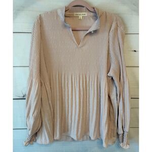 Cactus + Pearl Womens Pleated Swiss Dot Blouse Blush Pink Long Sleeve Large